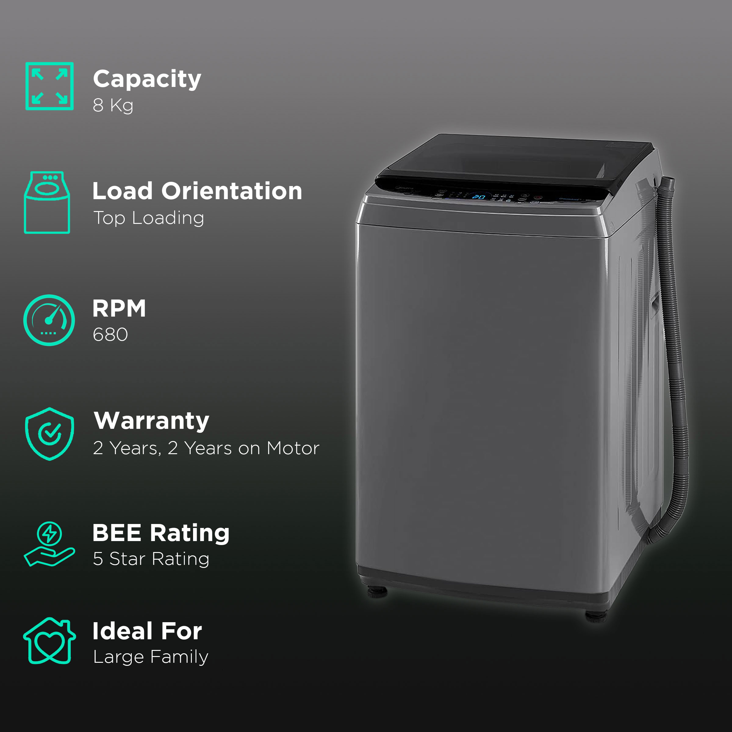 Buy Midea 8 Kg 5 Star Inverter Fully Automatic Top Load Washing Machine Ma200w80g In Lint 9912